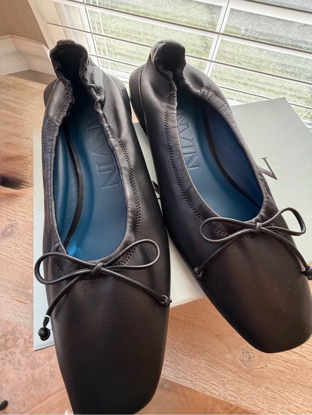 LANVIN Paris Black Leather Bumper Ballerina Flats Square Toe Size 38 - Picture 3 of 16